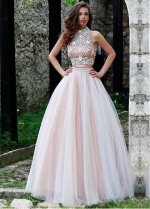 Stunning Tulle High Collar Neckline A-Line Two-piece Prom Dresses With Beadings
