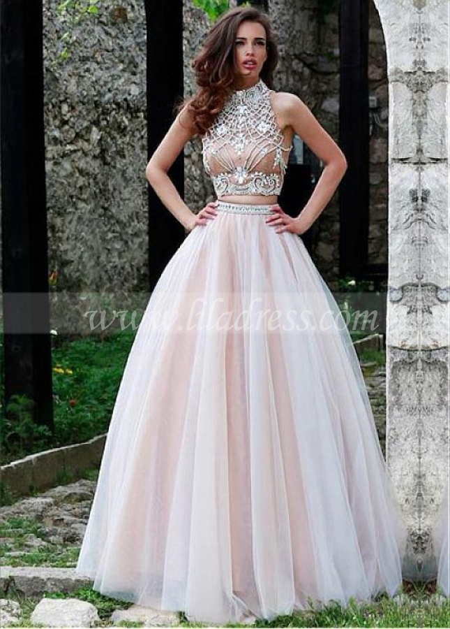 Stunning Tulle High Collar Neckline A-Line Two-piece Prom Dresses With Beadings