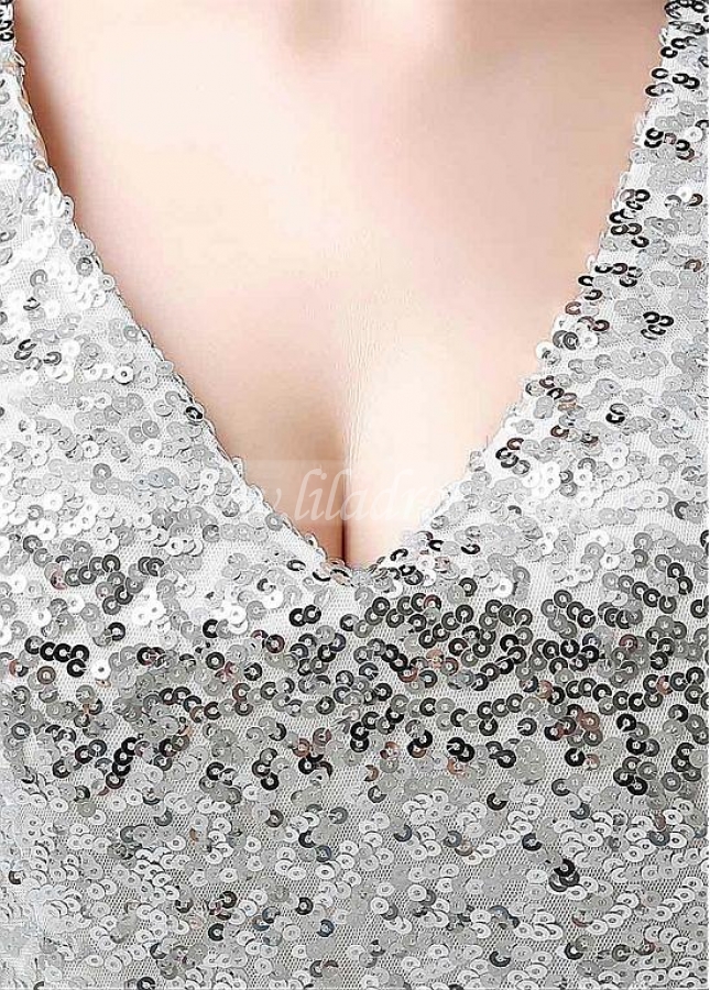 Marvelous Chiffon V-neck Neckline Sheath Evening Dresses With Sequin Lace