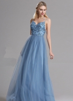 Spaghetti Straps A-line Tulle Blue Prom Long Dresses with Lace Bodice