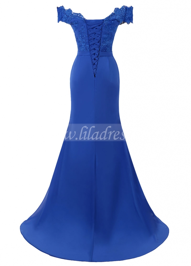 Charming Chiffon Off-the-shoulder Neckline Floor-length Mermaid Evening Dresses With Lace Appliques & Belt