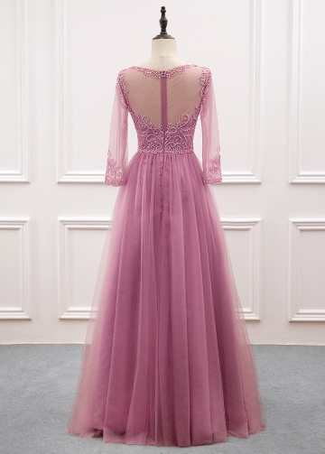 Fabulous Tulle & Satin Jewel Neckline Illusion Sleeves A-line Evening Dress with Beaded Embroidery