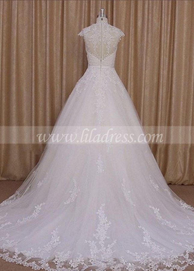 Classic A-line Appliques Tulle Wedding Dress Cap Sleeves