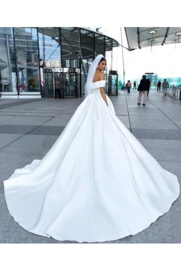 2020 White Satin Wedding Dress with Off-the-shoulder