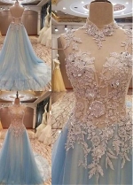 Fabulous Tulle High Collar Floor-length A-line Evening Dress With Beaded Lace Appliques
