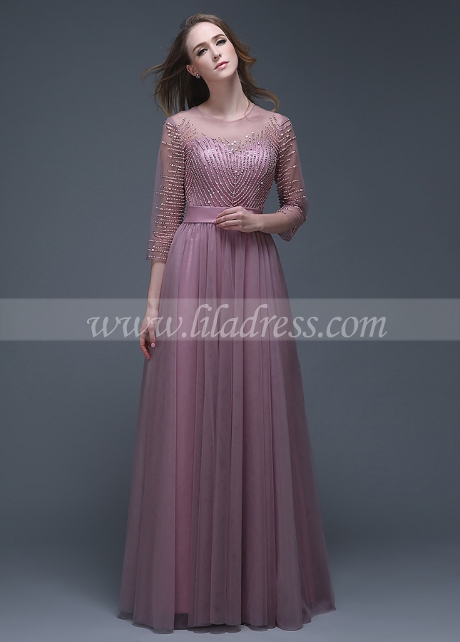 Elegant Tulle Jewel Neckline Full-length A-line Evening Dresses