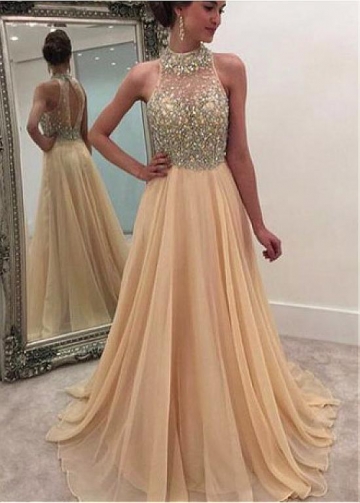 Alluring Chiffon High Collar Neckline A-Line Evening Dresses With Beadings