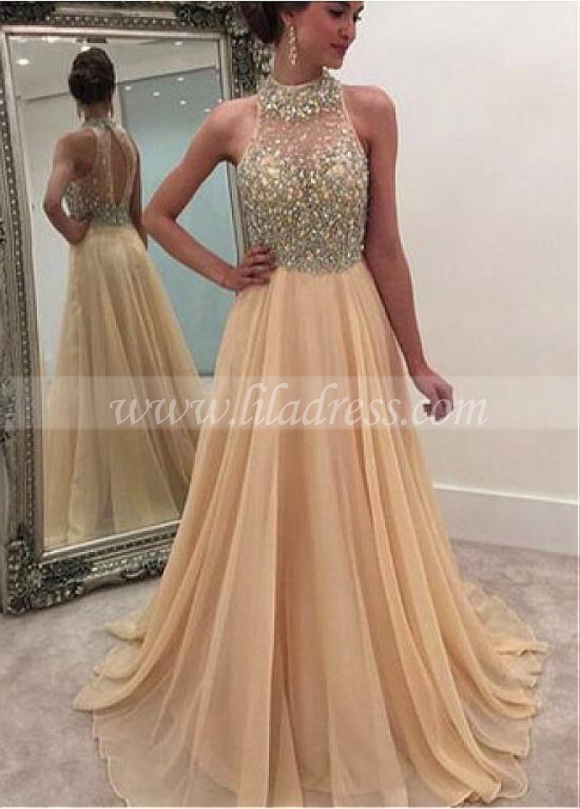 Alluring Chiffon High Collar Neckline A-Line Evening Dresses With Beadings