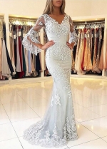 Gorgeous Tulle V-neck Neckline Floor-length Mermaid Evening Dresses With Beaded Lace Appliques & Belt