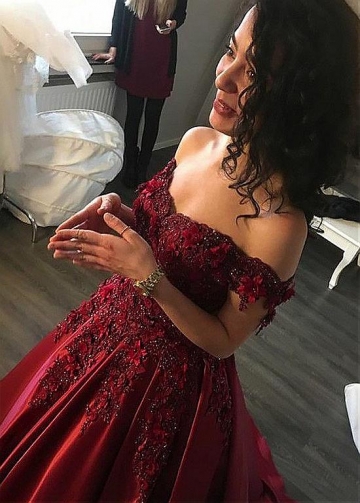 Fashionable Burgundy Satin Off-the-shoulder Neckline Floor-length A-line Evening Dresses With Beaded Lace Appliques & Handmade Flowers