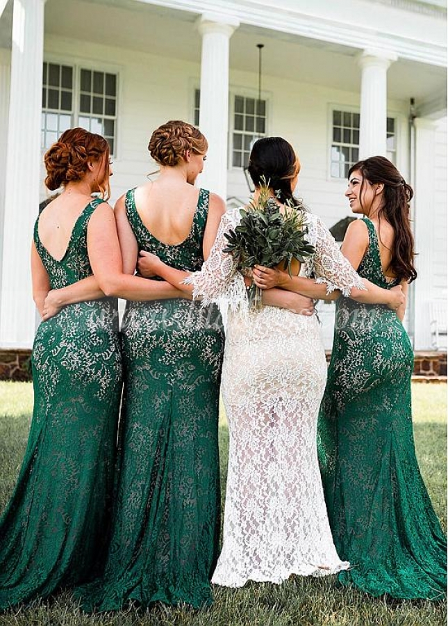 Lightsome Lace Jewel Neckline Sheath/Column Bridesmaid Dresses