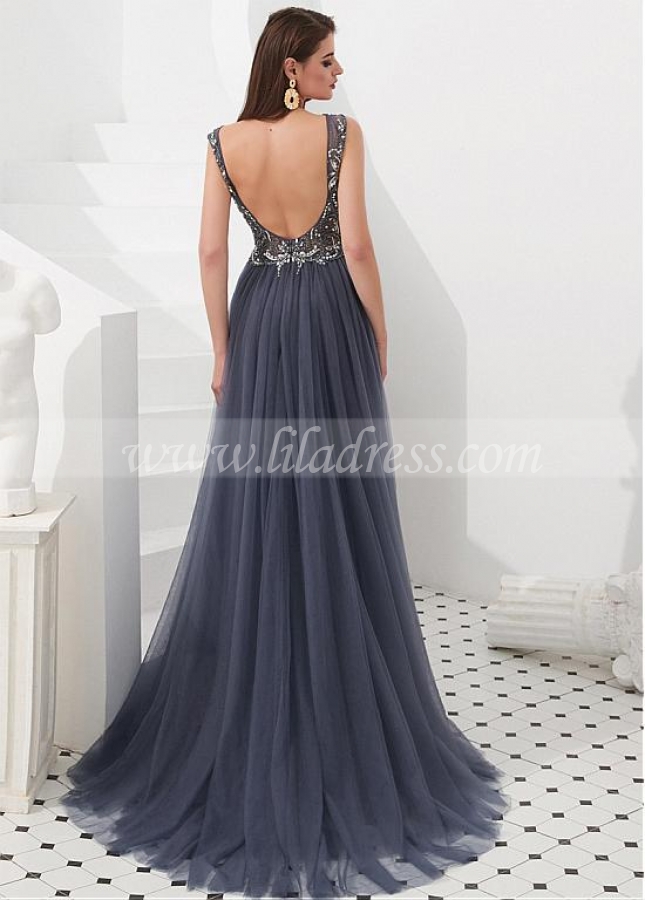 Unique Tulle V-neck Neckline Floor-length A-line Evening Dresses With Beadings