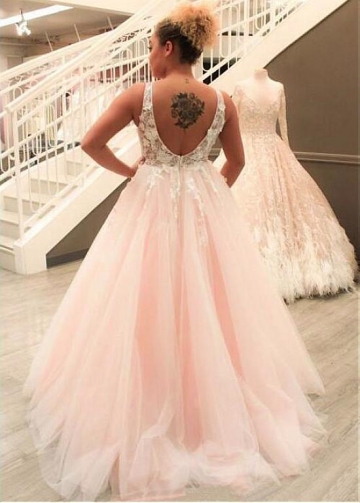 Modest Tulle V-neck Neckline Floor-length A-line Prom Dresses With Lace Appliques & Handmade Flowers