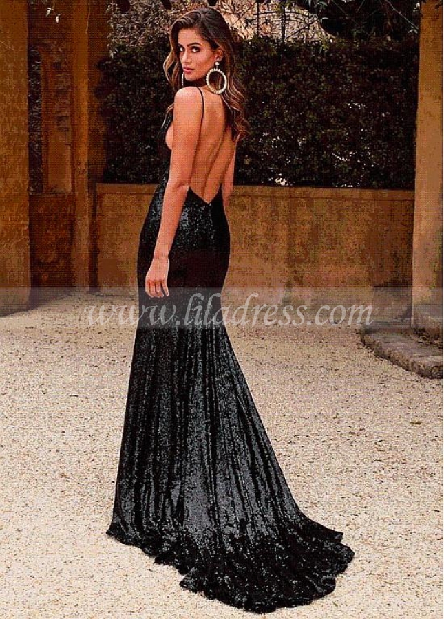 Wonderful Sequin Lace Spaghetti Staps Neckline Floor-length Mermaid Evening Dresses With Slit