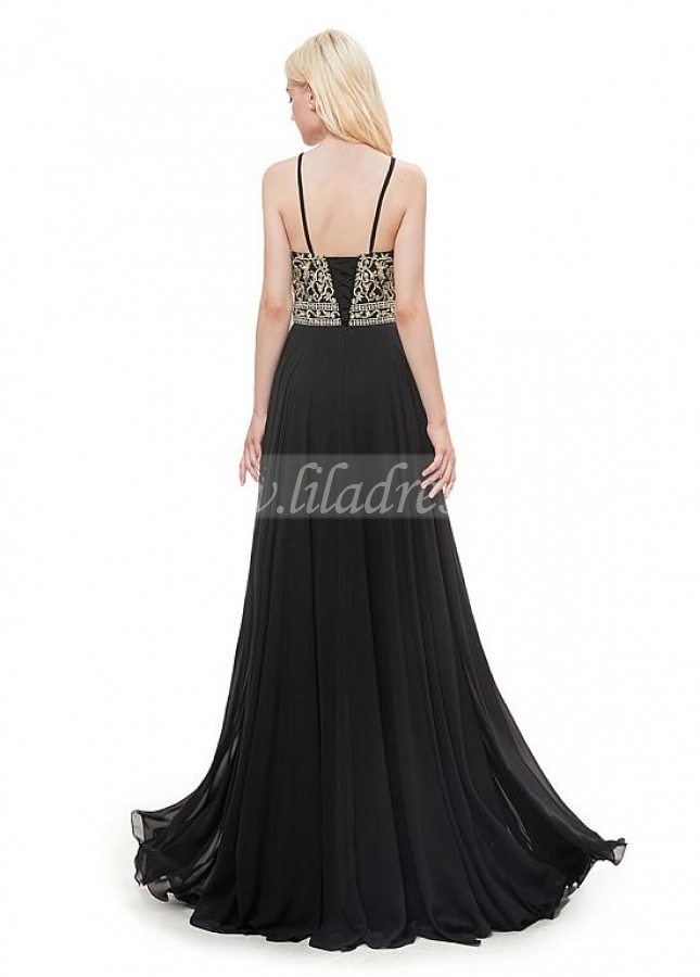 Glamorous Chiffon Jewel Neckline Floor-length A-line Prom Dress With Beadings & Embroidery
