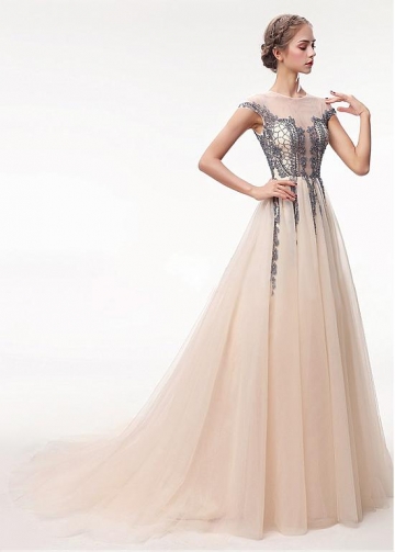 Romantic Tulle Jewel Neckline Floor-length A-line Prom Dress With Beadings