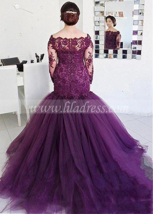 Elegant Tulle Purple Off-the-shoulder Neckline Floor-length Plus Size Mermaid Evening Dress