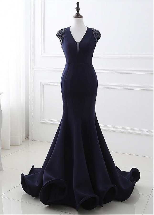 Modern Polyamide V-neck Neckline Cut-out Mermaid Formal Dresses With Beadings