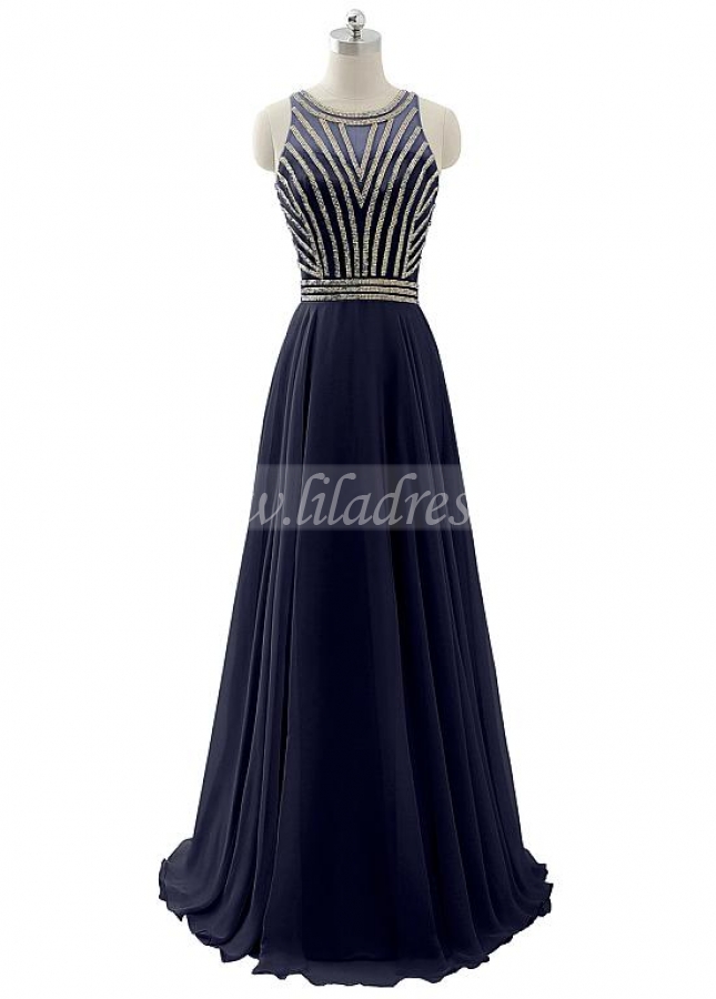 Pretty Chiffon & Tulle Jewel Neckline A-Line Prom Dresses With Beadings