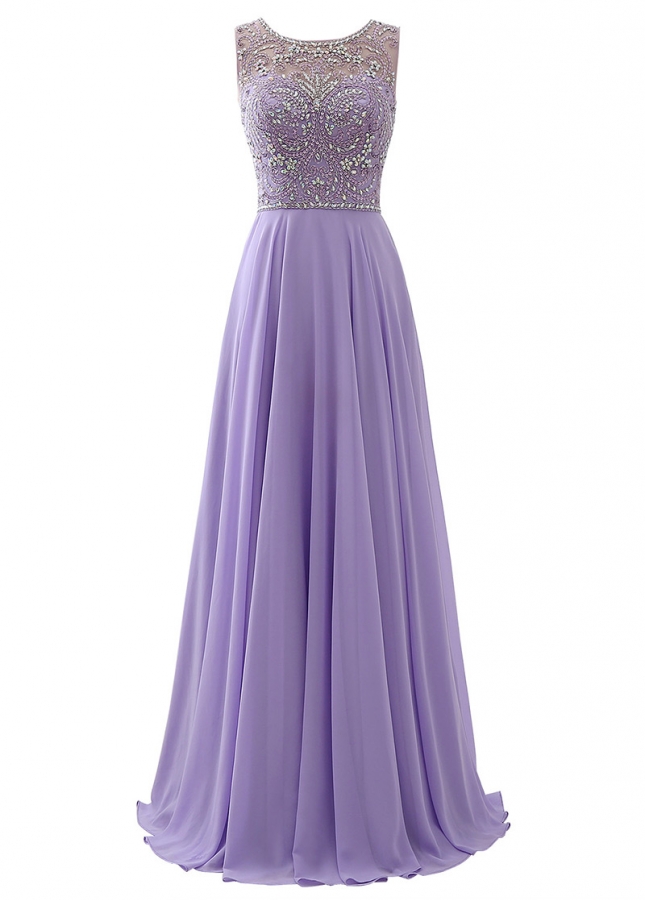 Exquisite Chiffon Scoop Neckline A-Line Prom Dresses With Beadings