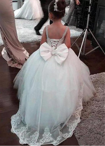 Fabulous Tulle Spaghetti Straps Neckline Ball Gown Flower Girl Dresses With Beaded Lace Appliques & Beadings & Bowknot