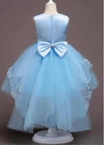 Glamorous Tulle & Satin Jewel Neckline Ball Gown Flower Girl Dress With Lace Appliques & Bowknot