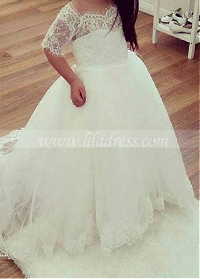Splendid Tulle Off-the-shoulder Neckline Ball Gown Flower Girl Dresses With Lace Appliques