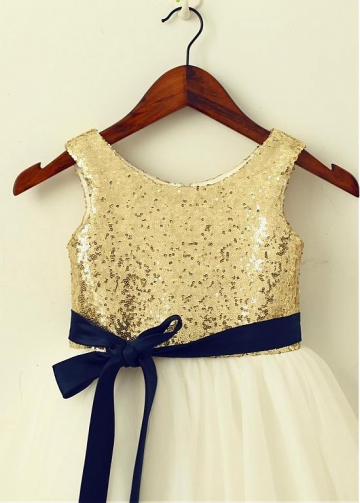 Attractive Sequin Lace & Tulle Scoop Neckline Tea-length A-line Flower Girl Dresses With Belt