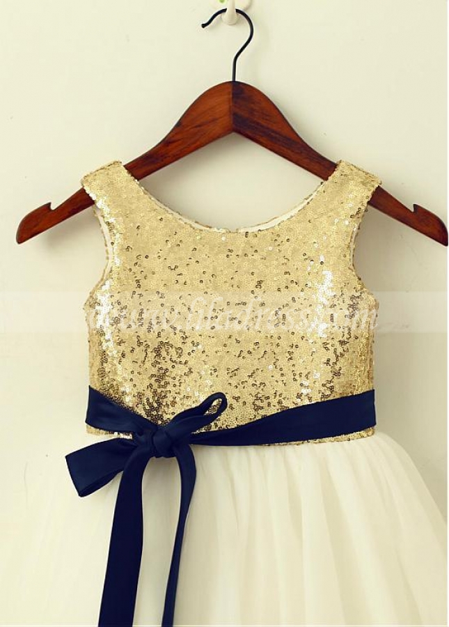 Attractive Sequin Lace & Tulle Scoop Neckline Tea-length A-line Flower Girl Dresses With Belt