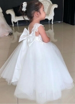 Sweet Tulle Square Neckline Ball Gown Flower Girl Dresses With Lace Appliques & Bowknot