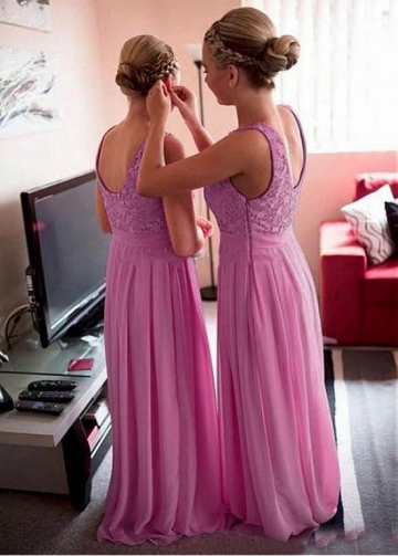Modest Lace & Chiffon Jewel Neckline A-line Bridesmaid Dresses