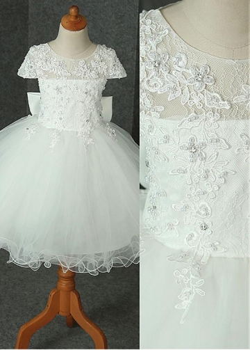 Sweet Lace & Tulle & Satin Jewel Neckline Ball Gown Flower Girl Dress With Beaded Lace Appliques