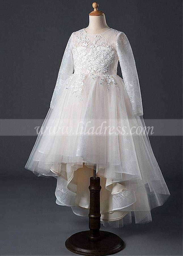 Sweet Tulle Jewel Neckline Hi-lo A-line Flower Girl Dress With Lace Appliques