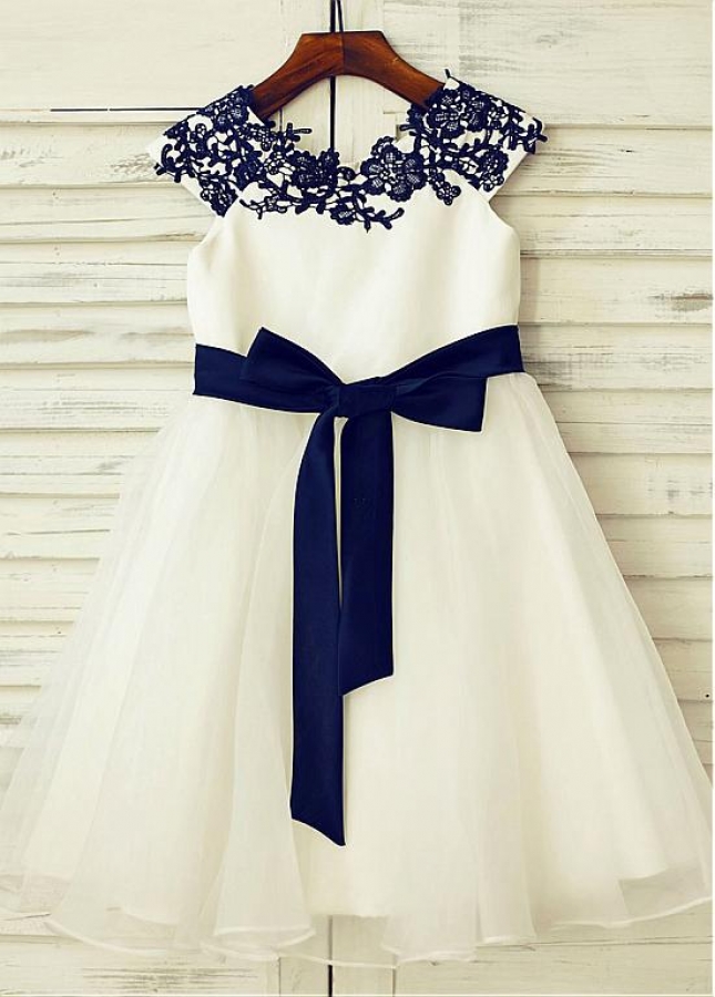 Wonderful Tulle & Satin Scoop Neckline Cap Sleeves A-line Flower Girl Dresses With Lace Appliques & Belt