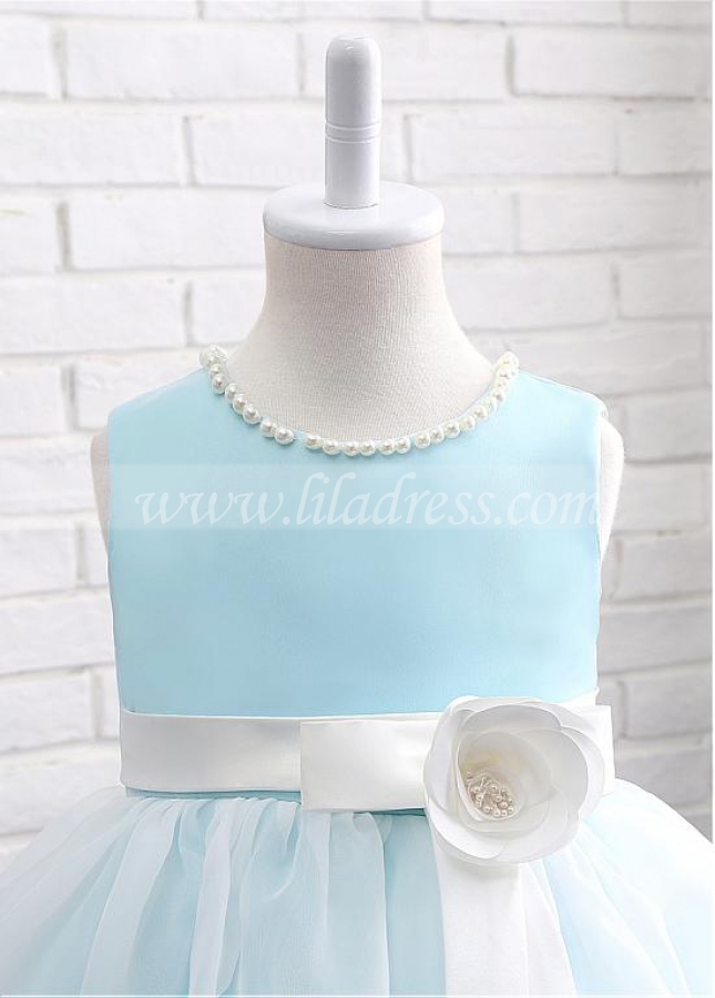 Elegant Satin & Organza Jewel Neckline Ball Gown Flower Girl Dresses With Handmade Flower & Pearls
