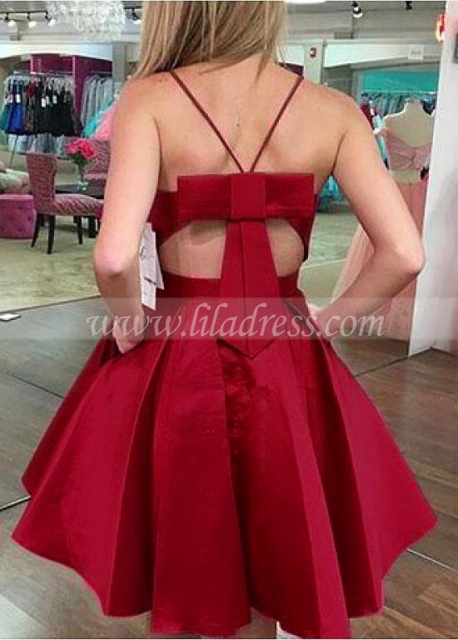 Unique Satin Spaghetti Straps Neckline Short A-line Homecoming / Cocktail Dresses With Bowknot & Pockets