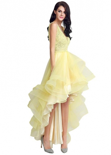 Lovely Tulle & Lace V-neck Neckline Hi-lo A-line Ruffled Homecoming / Sweet 16 Dresses