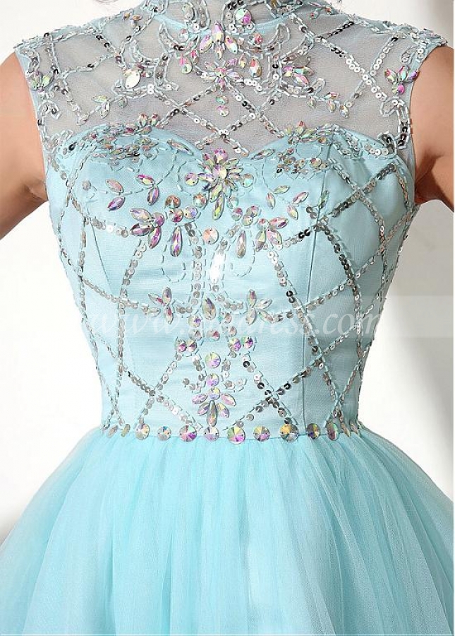 Light Blue Tulle High Collar Neckline Short A-line Homecoming Dress With Beadings