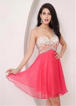 Romantic Chiffon One Shoulder Neckline A-line Homecoming Dresses With Beadings