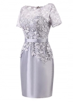 Popular Lace & Taffeta Bateau Neckline Short Sleeves Sheath/Column Mother Of The Bride Dresses With Belt