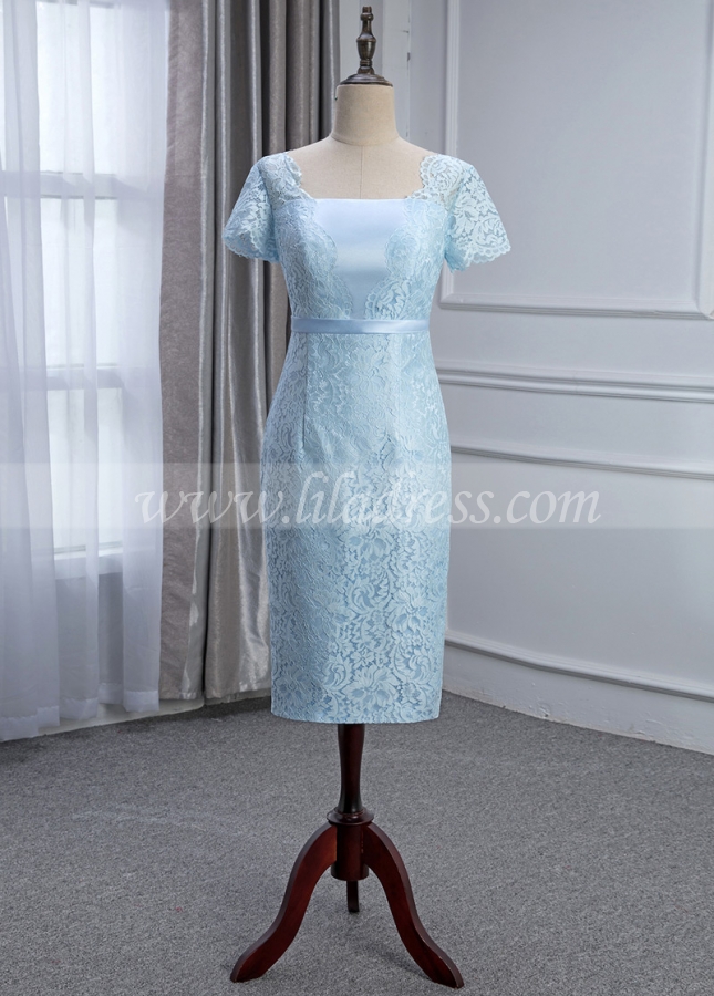 Elegant Lace & Satin Square Neckline Knee-length Sheath/Column Mother Of The Bride Dress With Belt & Detachable Coat