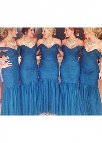 Marvelous Tulle Off-the-shoulder Neckline Mermaid Bridesmaid Dress With Pleats