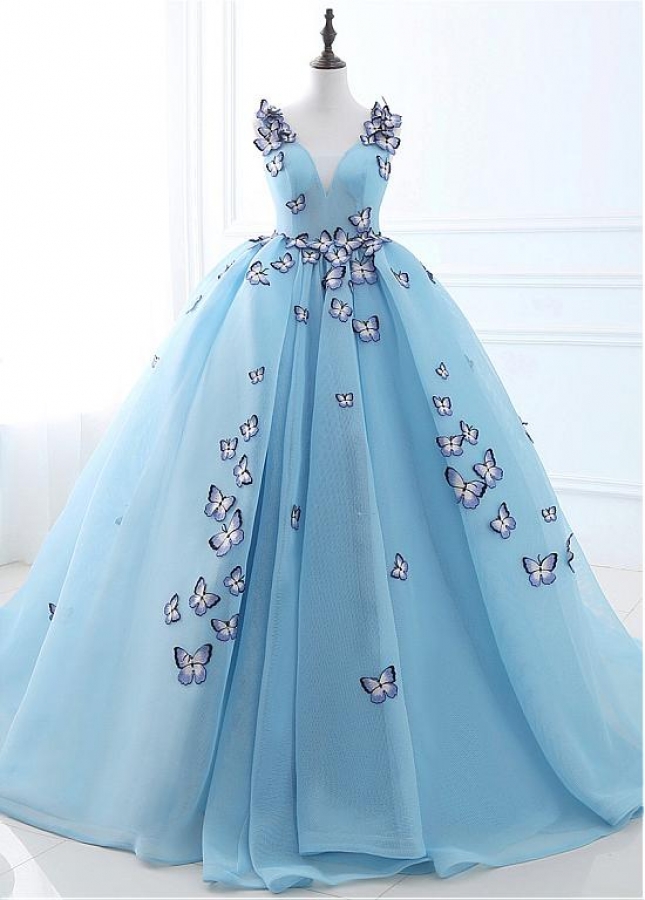 Fashion Tulle V-neck Neckline Ball Gown Prom Dresses With Embroidery Butterflies