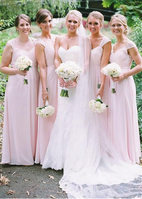 Modest Lace & Chiffon V-neck Neckline Full-length A-line Bridesmaid Dress
