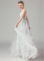 Elegant Satin & Tulle V-neck Neckline A-line Prom Dresses With Lace Appliques