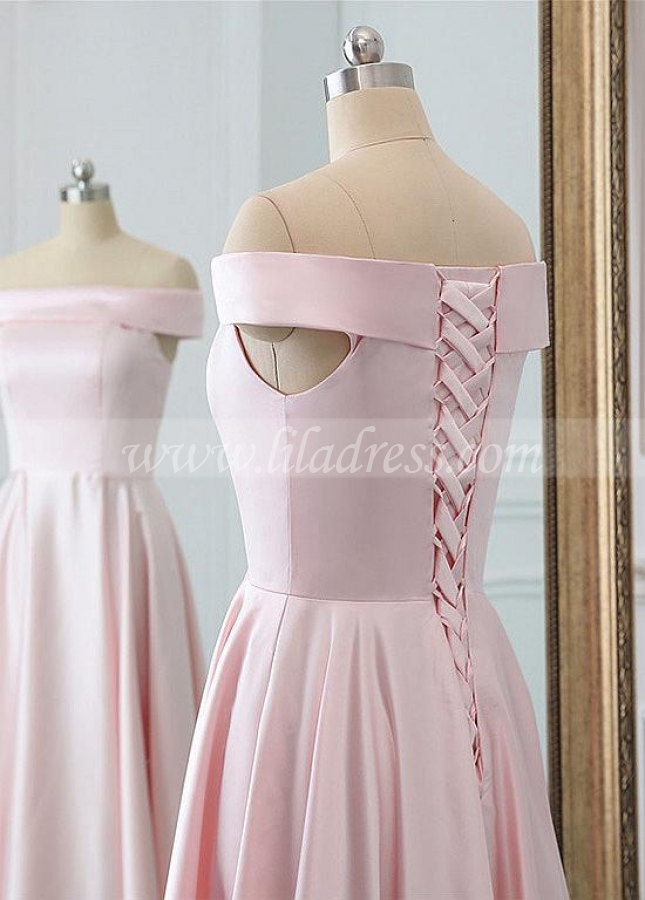 Delicate Satin Off-the-shoulder Neckline Floor-length A-line Prom Dresses