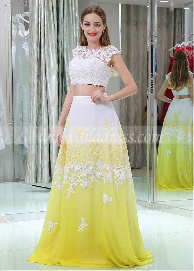 Unique Tulle & Chiffon Jewel Neckline Cut-out A-line Two-piece Prom Dresses With Beaded Lace Appliques