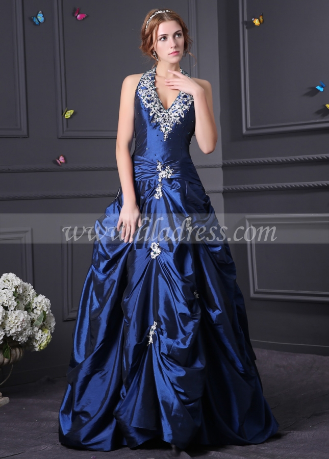 Alluring Taffeta Halter Neckline A-Line Prom Dresses