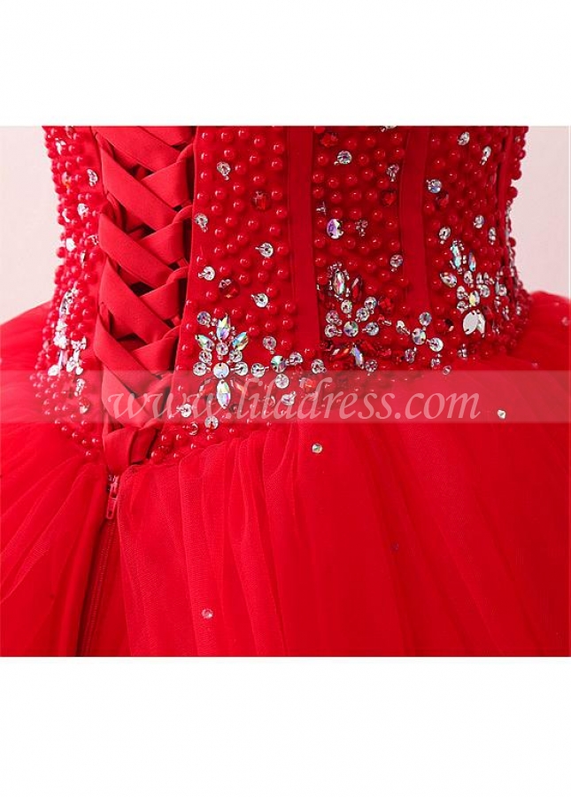 Alluring Tulle & Satin Spaghetti Straps Neckline Floor-length Ball Gown Quinceanera Dresses With Beadings