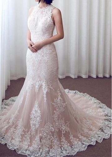 Charming Tulle Jewel Neckline Mermaid Wedding Dress With Lace Appliques